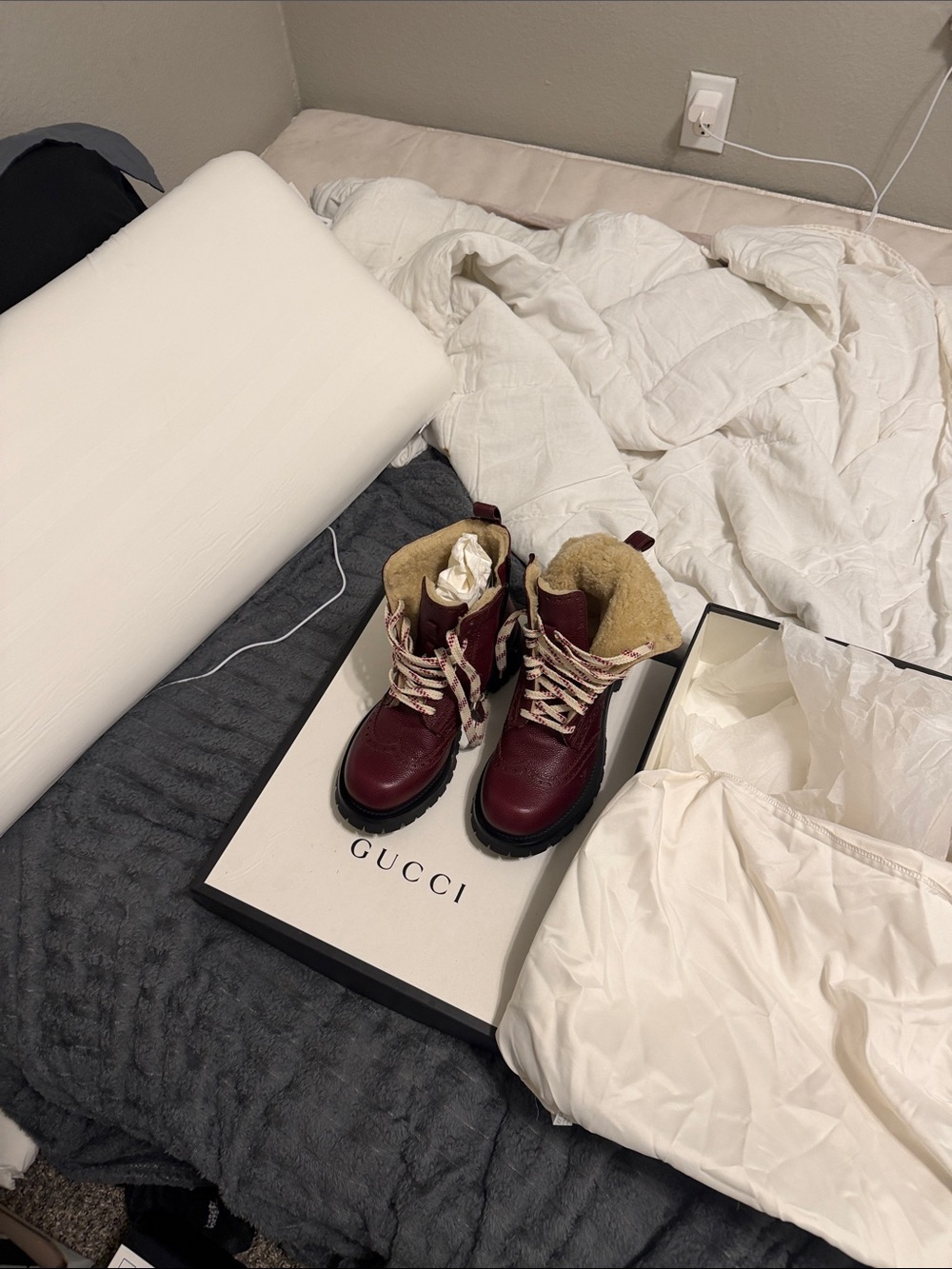Gucci Burgundy Lace-Up Shearling-Trim Boots